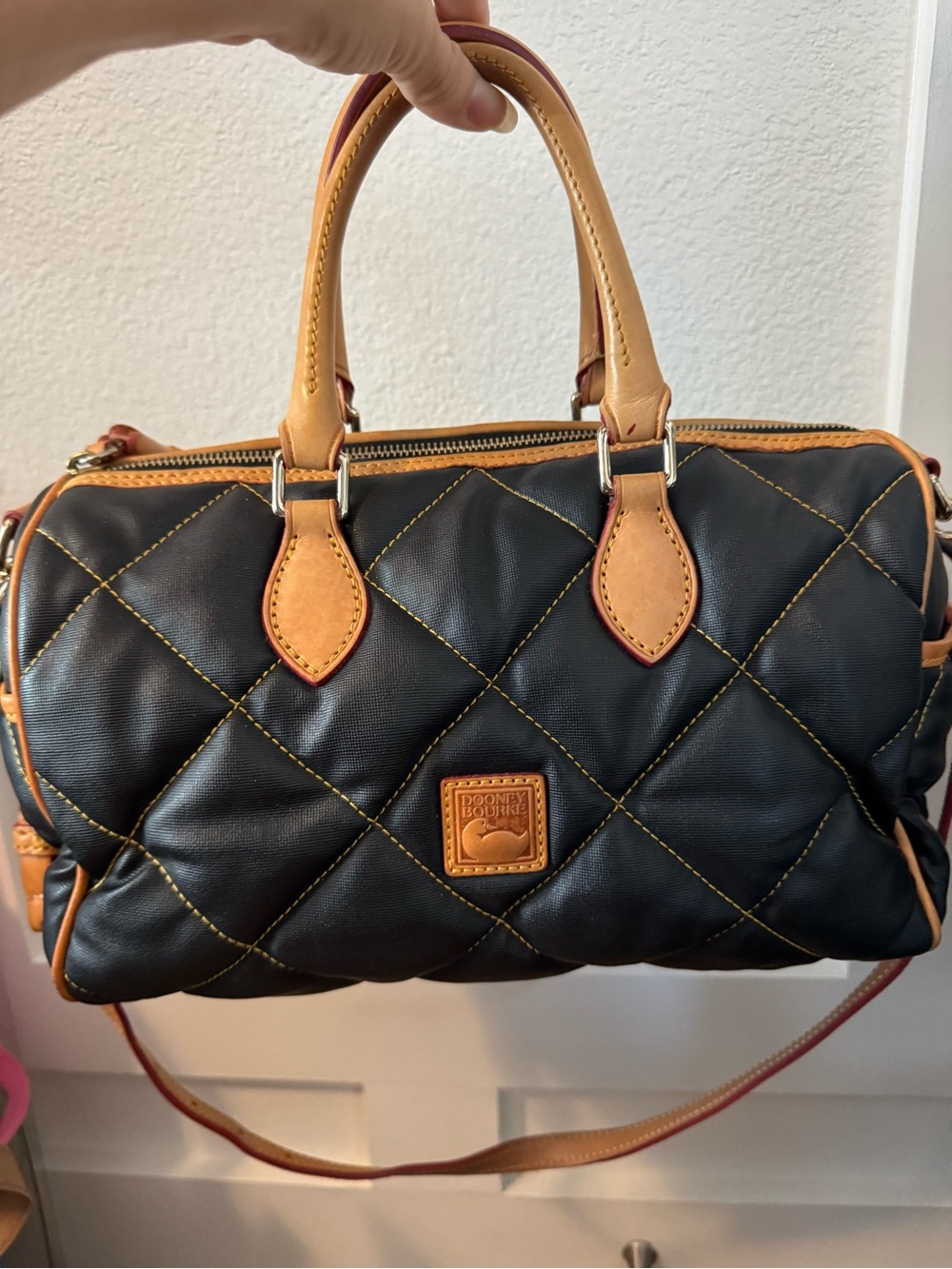 Dooney & Bourke Black Quilted Satchel with Tan Trim and Gold Stitching